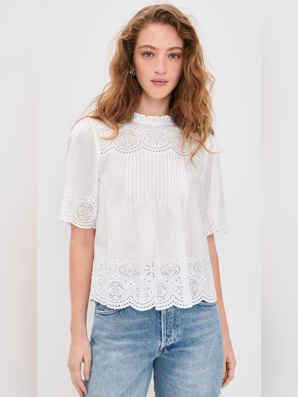 Madewell Embroidered Pintuck High-Neck Top